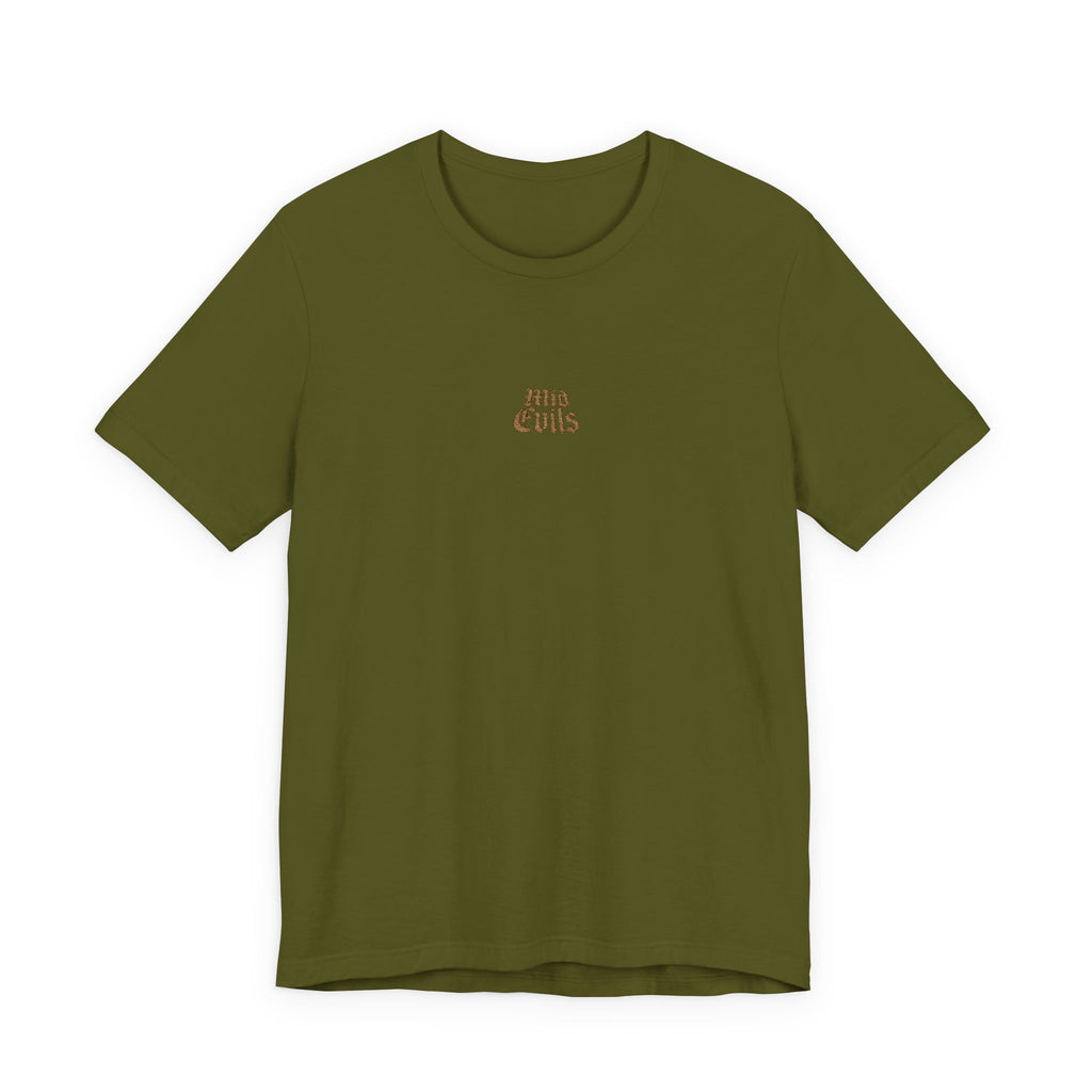 Olive Minimalist Mountain Tee — Small Chest Graphic "Adventure"