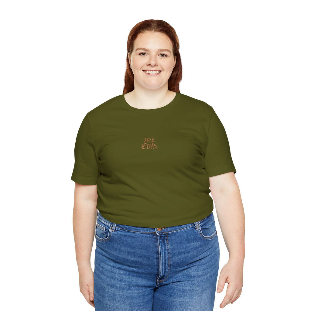 Olive Minimalist Mountain Tee — Small Chest Graphic "Adventure"